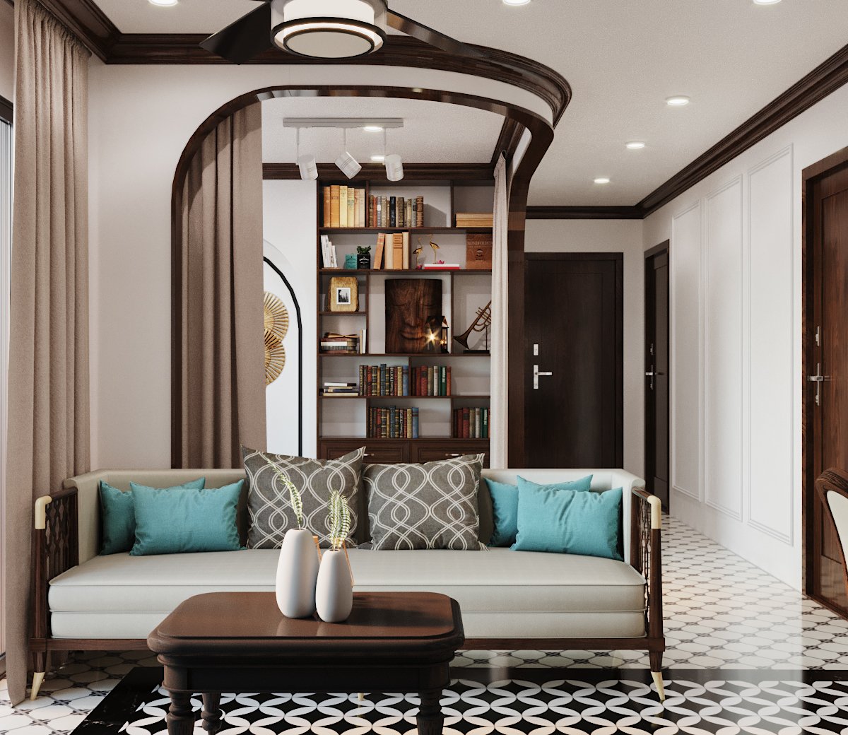Phòng khách căn hộ phong cách Indochine hình ảnh phòng khách trong căn hộ phong cách Indochine với sofa bọc da màu ghi, phía sau là giá sách, bàn trà gỗ màu nâu sậm