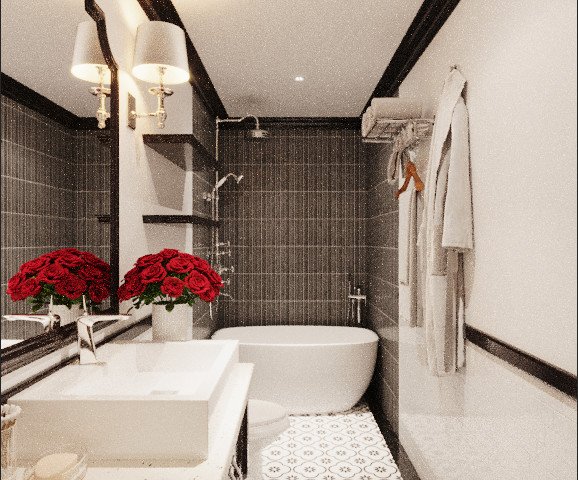 Gạch ốp tường màu xám đen giúp gia tăng chiều sâu cho căn phòng.