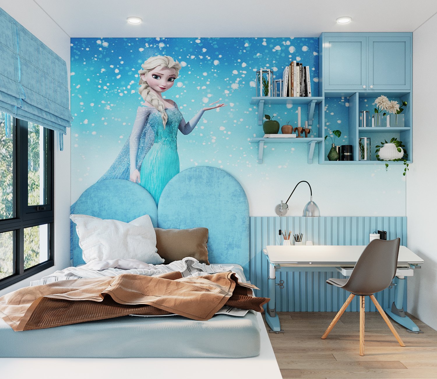 Phòng ngủ con gái được trang trí theo chủ đề công chúa Elsa phòng ngủ con gái với tranh tường công chúa Elsa