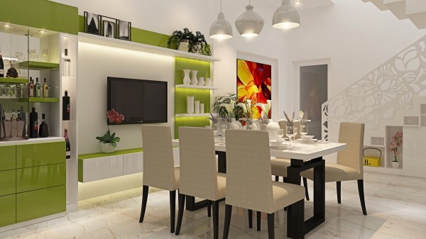 Phòng bếp - ăn kết hợp với điểm nhấn màu xanh lá cây tươi sáng.