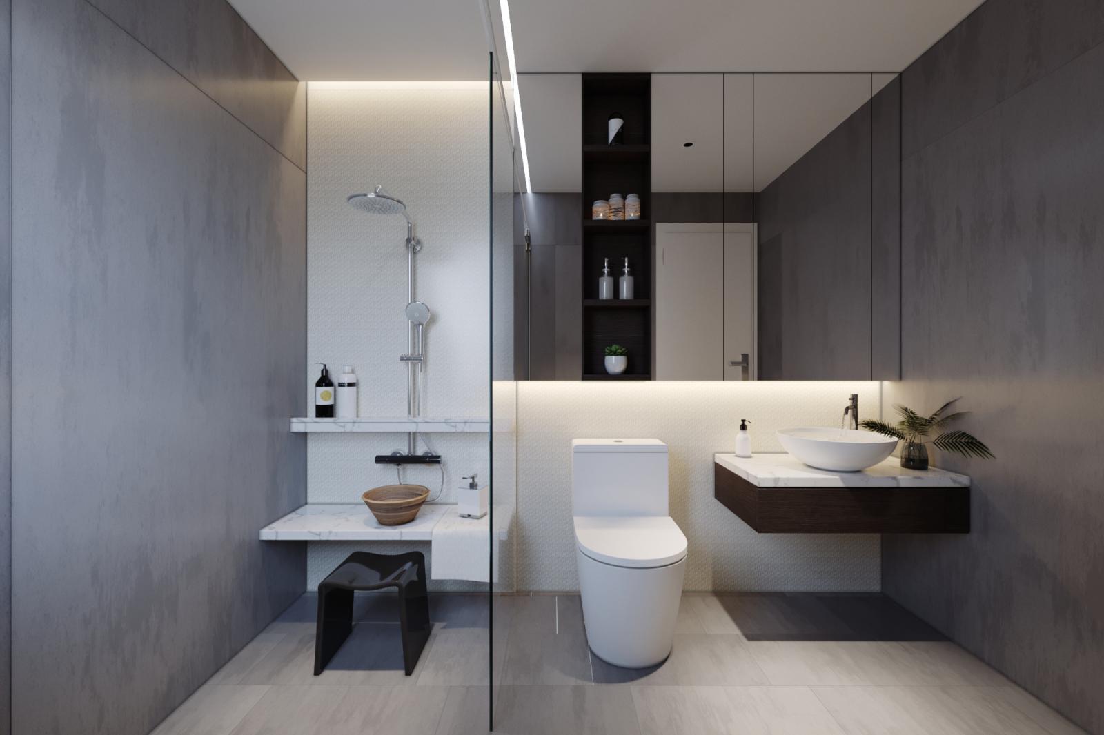 Trong nhà ống 2 tầng hiện đại, phòng tắm - vệ sinh được phân tách bởi vách kính trong suốt, đảm bảo sự riêng tư và khô thoáng cho không gian chức năng này.