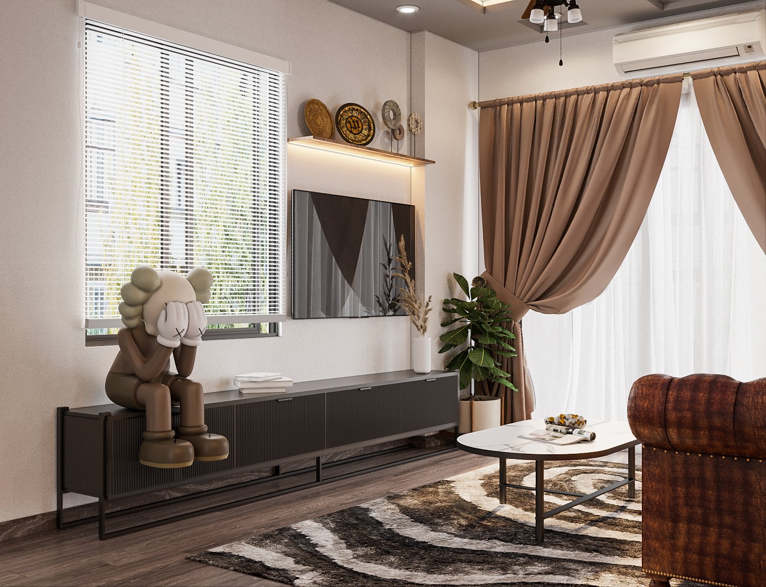 hình ảnh góc phòng khách với sofa màu vàng da bò, tủ kệ tivi màu xám đen,c ửa sổ kính, kệ mở gắn tường