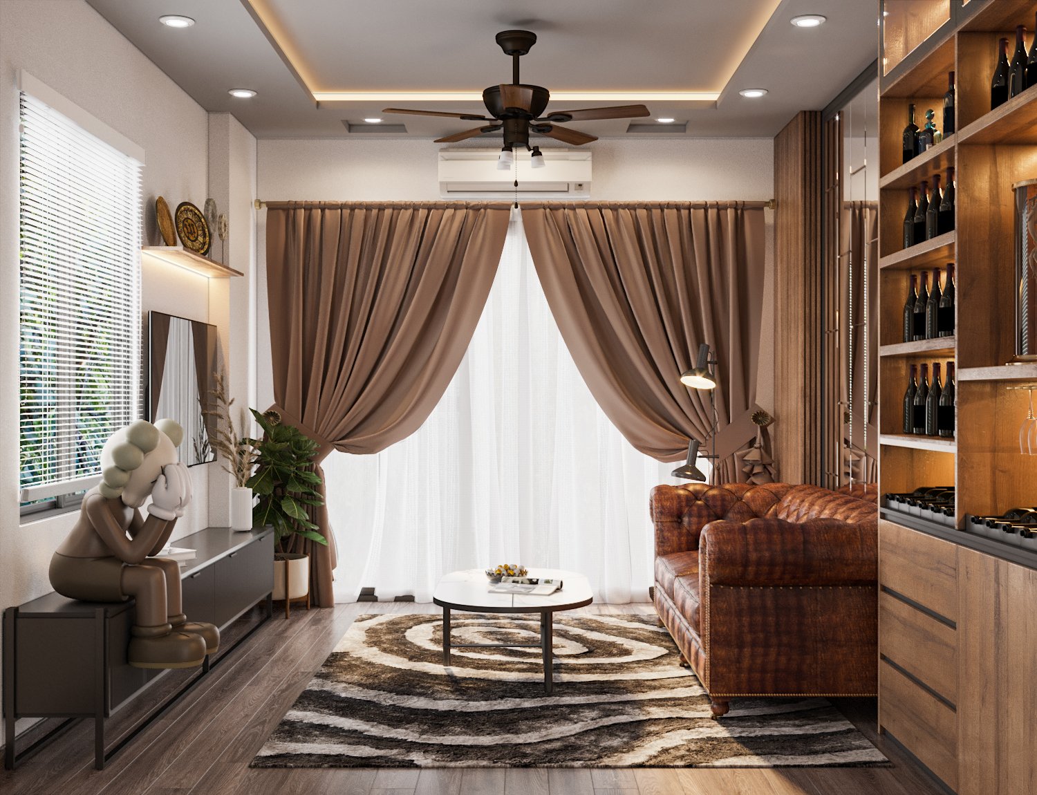 hình ảnh toàn cảnh phòng khách với ghế sofa màu nâu da bò, bàn trà màu trắng đặt trên thảm trải lông, tủ kệ tivi, rèm cửa màu be hai lớp, cửa sổ kính