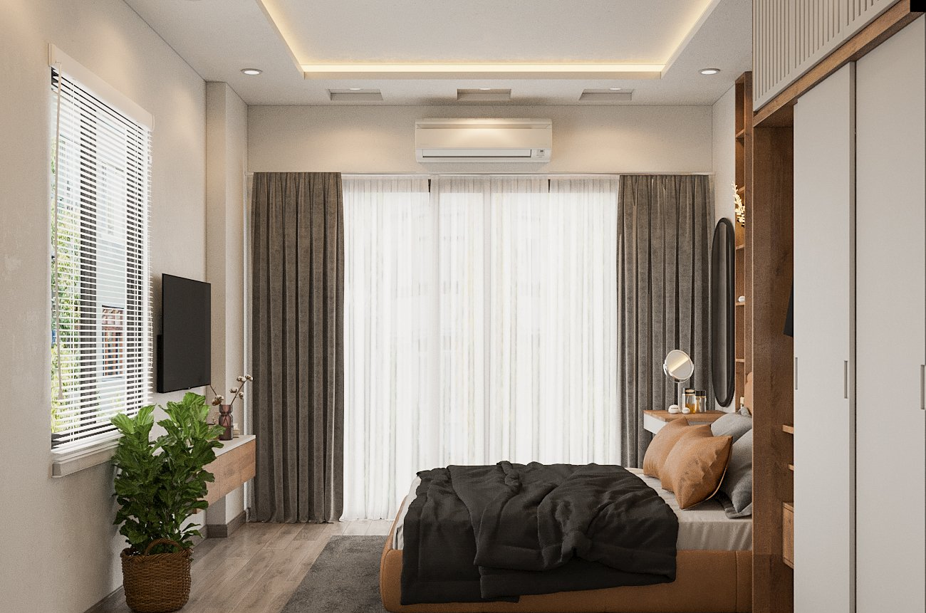 phòng ngủ với giường nệm êm ái, cửa sổ chớp, kệ tivi, rèm cửa hai lớp, chậu cảnh xanh tốt
