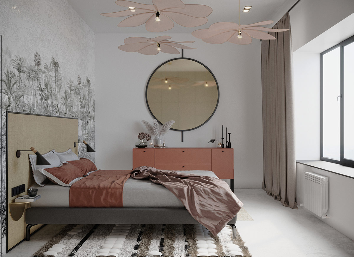 Gương tròn treo tường cạnh cửa sổ giúp hút sáng tự nhiên và tạo cảm giác rộng thoáng hơn cho căn phòng về mặt thị giác.