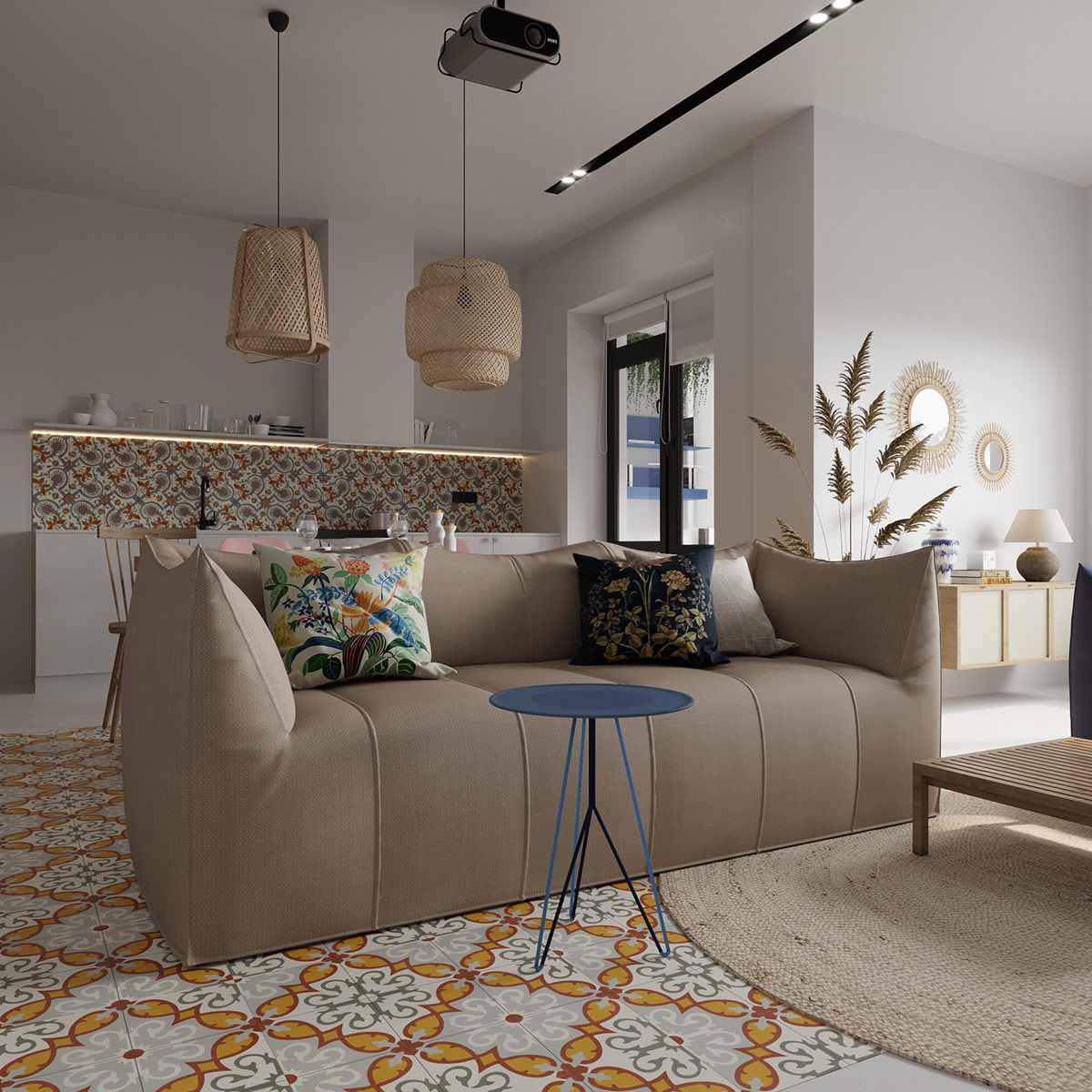 hình ảnh toàn cảnh phòng khách liên thông bếp nấu với sofa be, bàn trà nhỏ màu xanh lam, đèn thả mộc mạc
