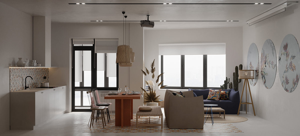phòng khách, bàn ăn, bếp trong căn hộ phong cách Boho
