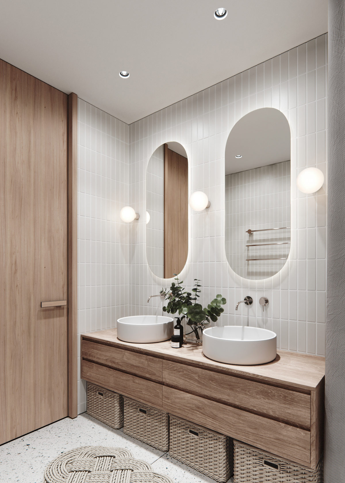 Đ&egrave;n h&igrave;nh cầu đơn giản kết hợp với &aacute;nh s&aacute;ng đ&egrave;n LED bao quanh gương soi khiến ph&ograve;ng tắm bừng s&aacute;ng lấp l&aacute;nh.