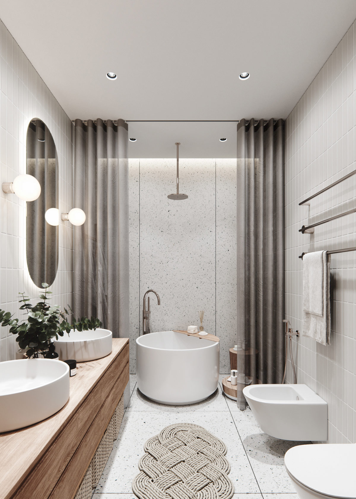 Tấm thảm dệt mang đến kết cấu đẹp mắt, h&agrave;i h&ograve;a c&ugrave;ng những chiếc giỏ m&acirc;y v&agrave; tạo n&ecirc;n một c&aacute;ch tiếp cận bắt mắt cho chiếc bồn tắm tr&ograve;n kiểu Nhật.