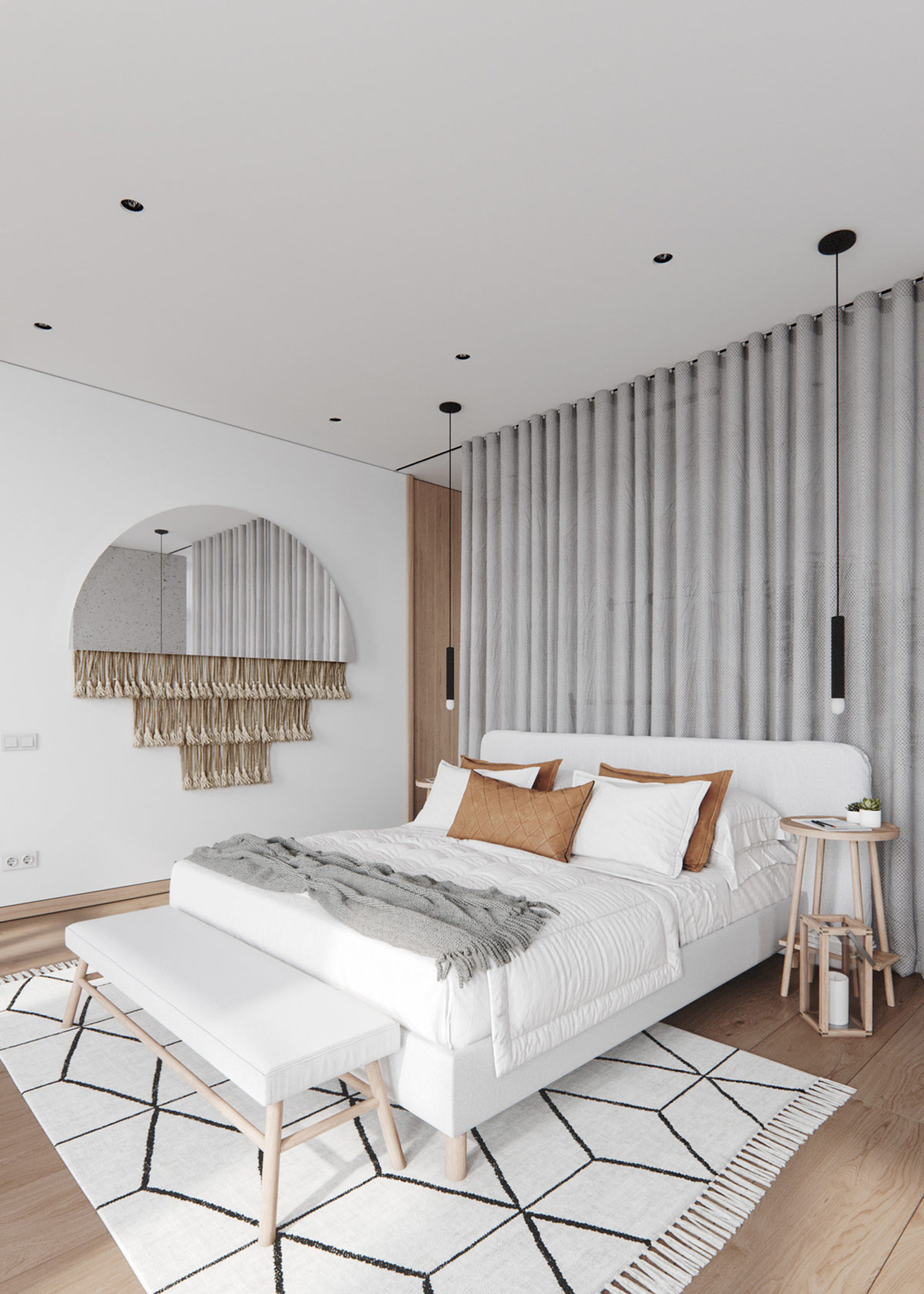 Gối tựa m&agrave;u n&acirc;u đất gi&uacute;p l&agrave;m ấm ph&ograve;ng ngủ sắc trắng chủ đạo. Phụ kiện trang tr&iacute; tường tua rua mang hơi hướng Boho.
