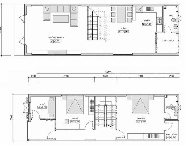Mặt bằng bố trí nội thất nhà ống 2 tầng