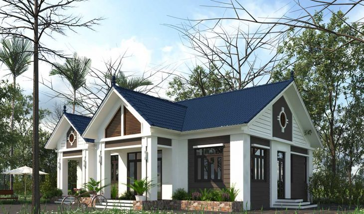 Phối cảnh 3D mẫu nh&agrave; vườn 1 tầng hiện đại với m&aacute;i ng&oacute;i m&agrave;u xanh dương m&aacute;t mắt.