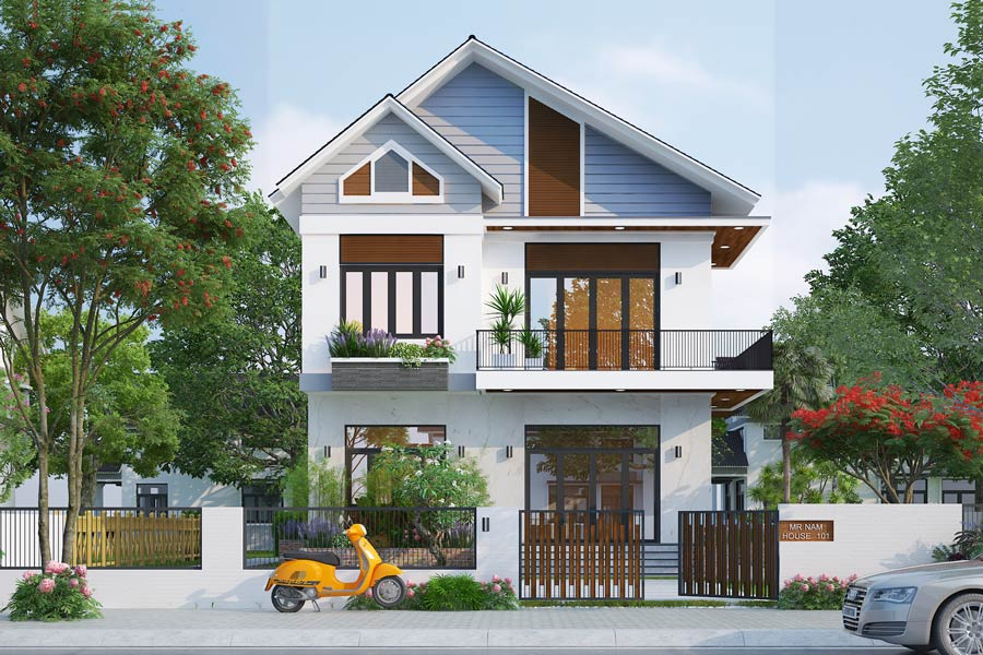 Phối cảnh 3D mẫu nh&agrave; vườn 2 tầng phong c&aacute;ch hiện đại, trẻ trung.