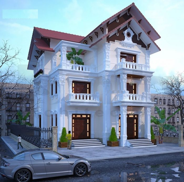 Phối cảnh 3D mẫu nhà chữ L 3 tầng