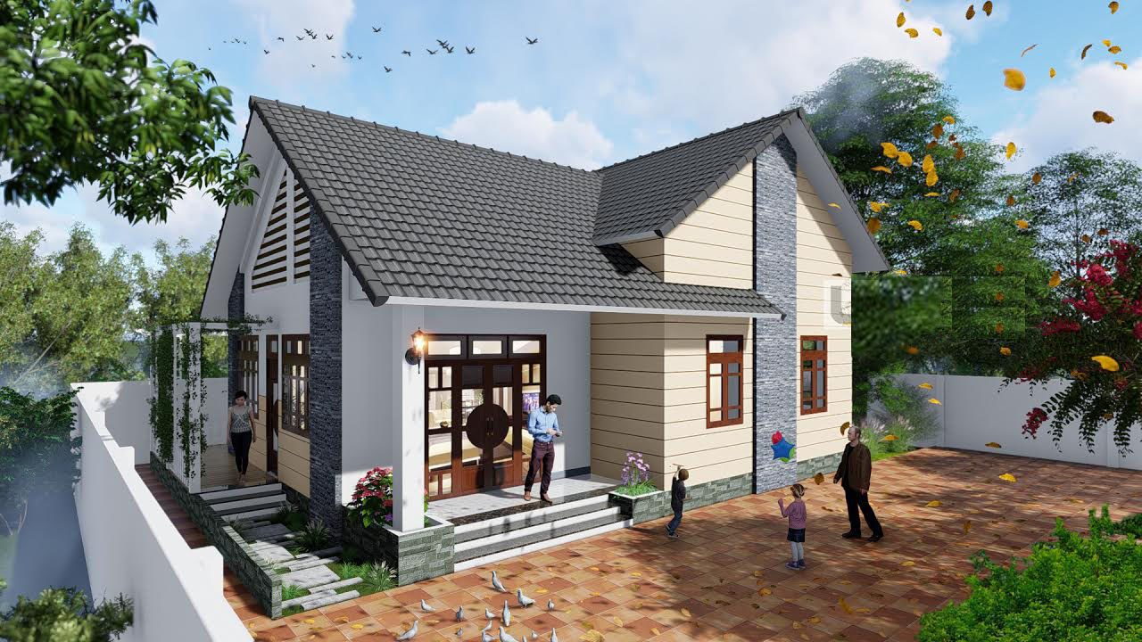 Phối cảnh 3D mẫu nhà vườn 1 tầng phong cách hiện đại