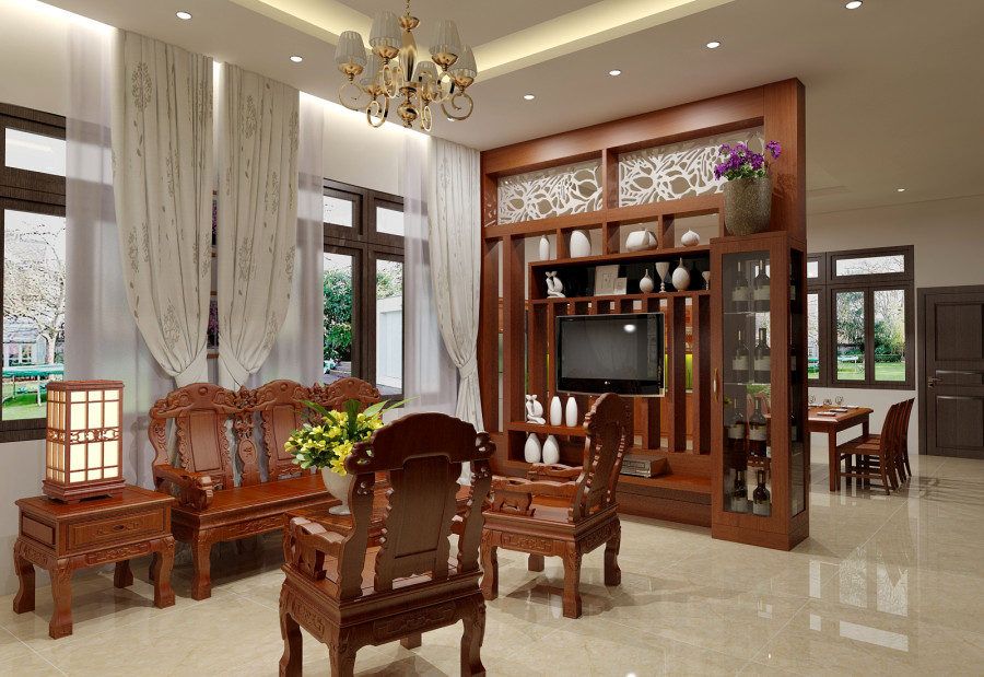 hình ảnh phòng khách với bộ ghế sofa bằng gỗ tông màu sáng, chạm khắc tinh tế