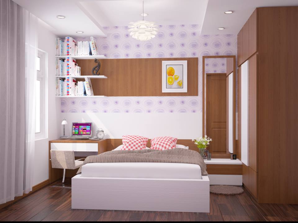 Phòng ngủ dành cho cô con gái lớn với đầy đủ nội thất thiết yếu. Bàn trang điểm đầu giường tích hợp chức năng làm việc tại nhà.