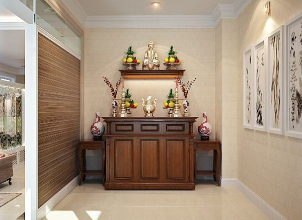 Không gian thờ cúng tích hợp trong phòng khách, được ngăn cách bởi tường lửng.