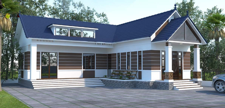 Phối cảnh 3D mẫu nhà chữ L 1 tầng hiện đại