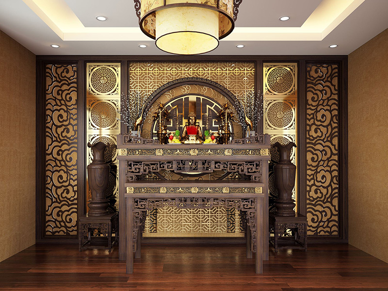 Không gian thờ cúng trang nghiêm, tĩnh lặng.