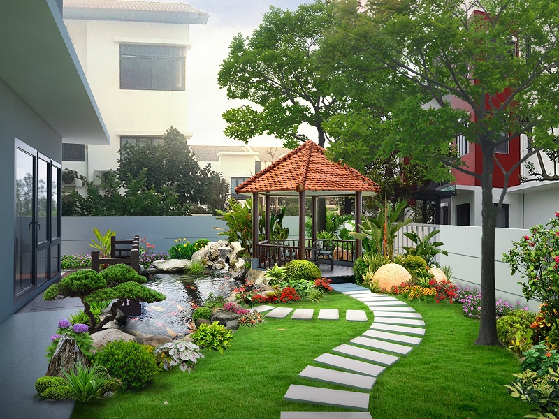 hình ảnh tiểu cảnh sân vườn với mái nhà màu đỏ, thảm cỏ xanh, lối đi lát bê tông màu trắng, hồ cá Koi