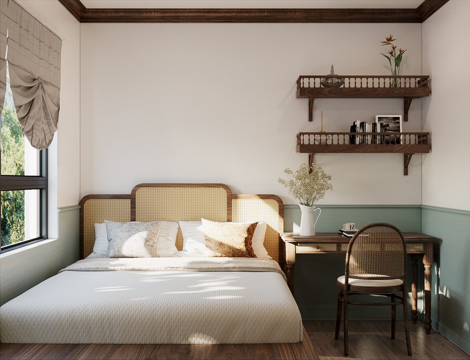 Phòng ngủ thoáng sáng, tạo cảm giác thư giãn Đầu giường và tựa lưng thế bằng chất liệu mây tre đan mộc mạc, tạo cảm giác thư giãn, an yên cho người dùng. Cửa sổ kính mang đến tầm nhìn đẹp ra mảng xanh bên ngoài.