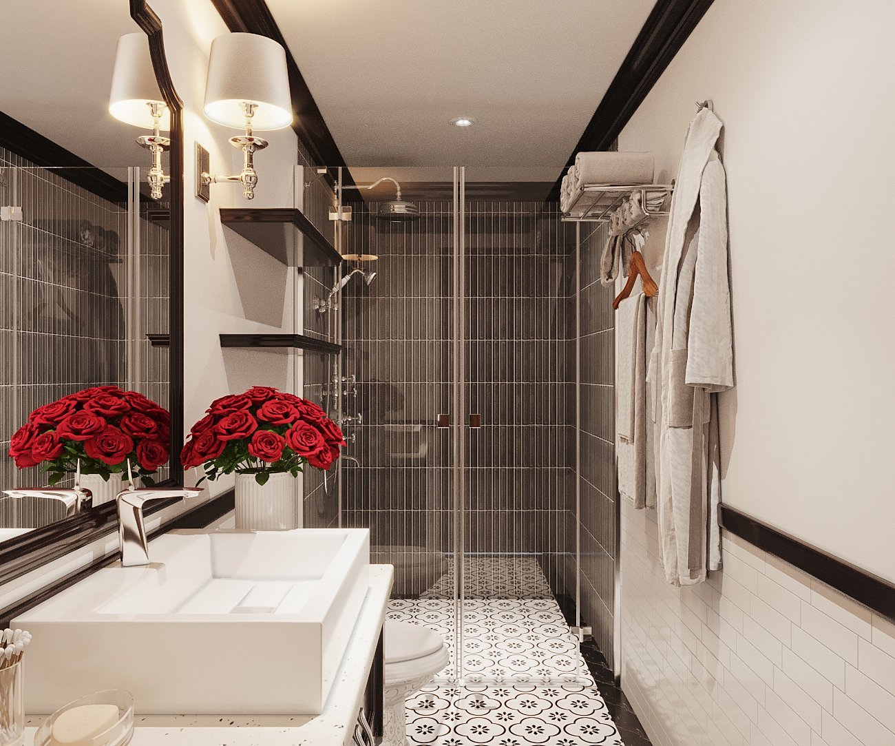 Buồng tắm kinh ốp gạch màu đen cá tính Buồng tắm kính với gạch ốp tường màu đen giúp tăng chiều sâu cho không gian, đồng thời tạo cảm giác sạch sẽ, cá tính.