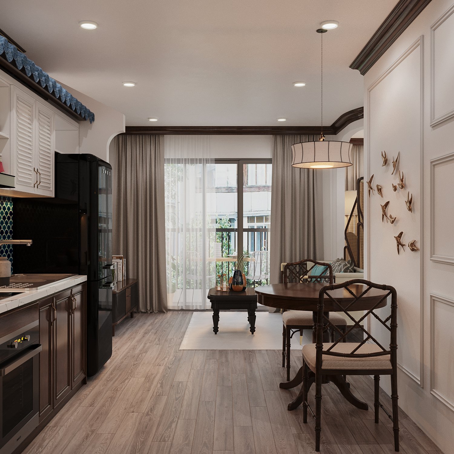 Khu vực bếp ăn trong căn hộ 64m2 Không gian bếp - ăn được thiết kế liên thông với phòng khách và tận dụng được tối đa ánh sáng tự nhiên từ cửa kính mở ra ban công căn hộ 64m2.