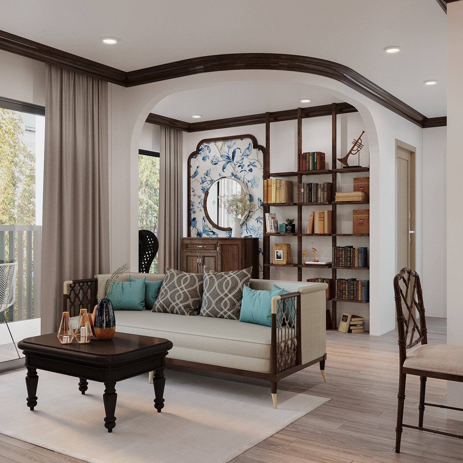 Phòng khách căn hộ 64m2 phong cách Indochine Phòng khách và thư phòng đọc sách được bố trí trong cùng một mặt sàn, được phân tách tương đối bởi chính đồ nội thất (ghế sofa). Nội thất gỗ sẫm màu nổi bật trên nền xám sáng.