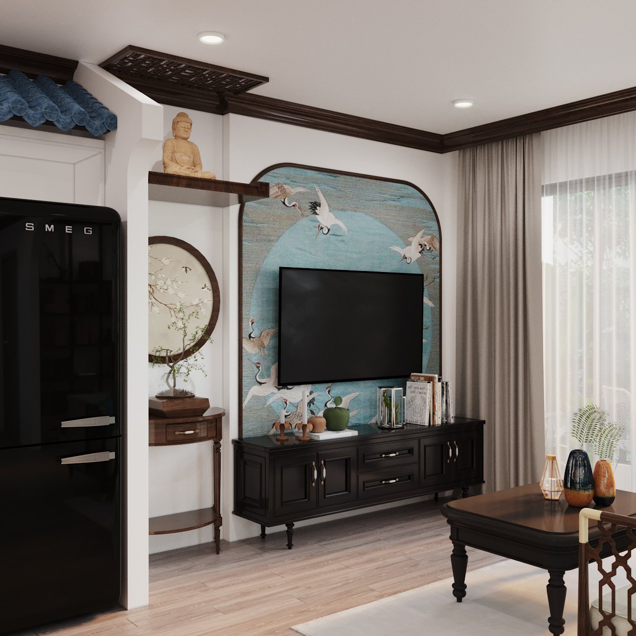 Phòng khách phong cách Đông Dương ấn tượng Bức tường tivi được decor tinh tế với sắc xanh lam nhẹ nhàng và họa tiết phong cách Đông Dương truyền thống