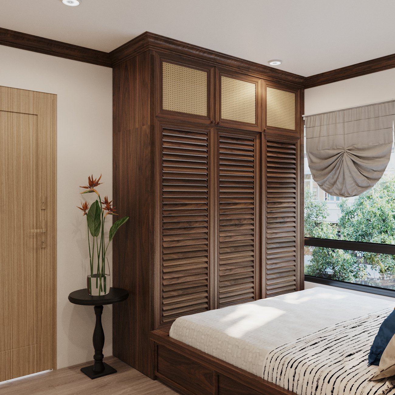 Tủ quần áo cửa chớp trong phòng ngủ Cửa tủ quần áo dạng nan chớp đảm bảo sự khô thoáng, đồng thời bổ sung kết cấu chiều sâu cho không gian phòng ngủ đẹp.