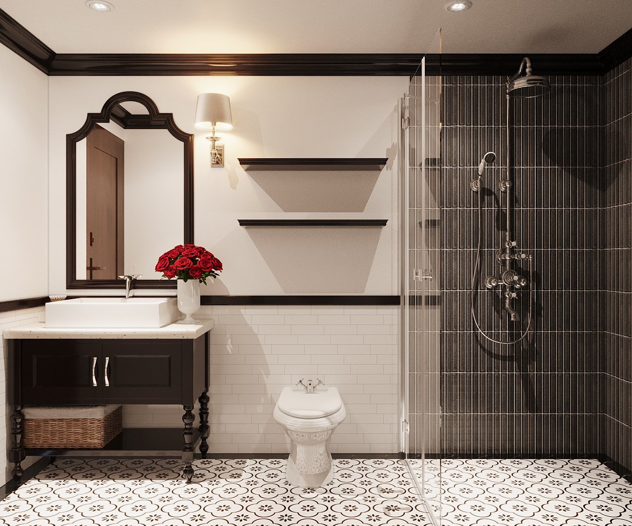 phòng tắm - vệ sinh trong căn hộ 64m2 phong cách Indochine Phòng tắm - vệ sinh trong căn hộ 64m2 phong cách Indochine được thiết kế với hai tông màu trắng - đen chủ đạo sang trọng