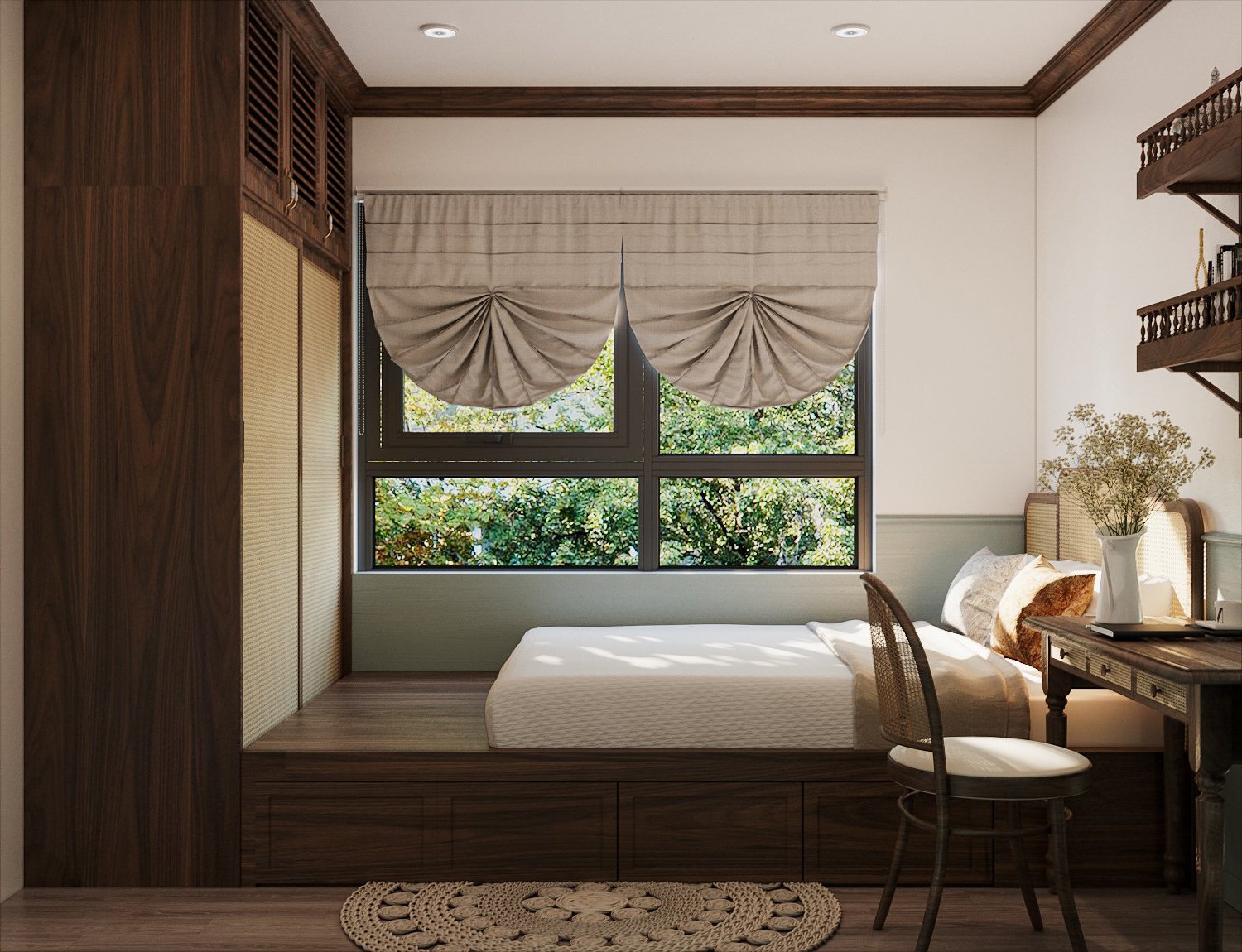 Thiết kế phòng ngủ đẹp Kiến trúc sư thiết kế nội thất phòng ngủ với giường khối hộp đồng bộ với tủ quần áo cao kịch trần, vừa tiện nghi, vừa tiết kiệm diện tích.