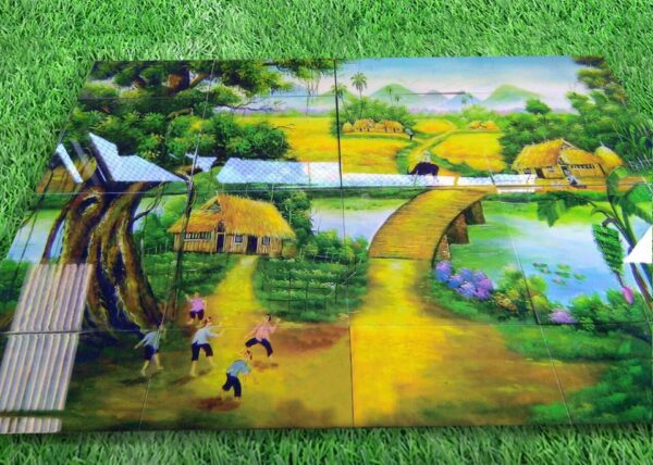 Mẫu gạch tranh 3D phong cảnh l&agrave;ng qu&ecirc; y&ecirc;n b&igrave;nh.