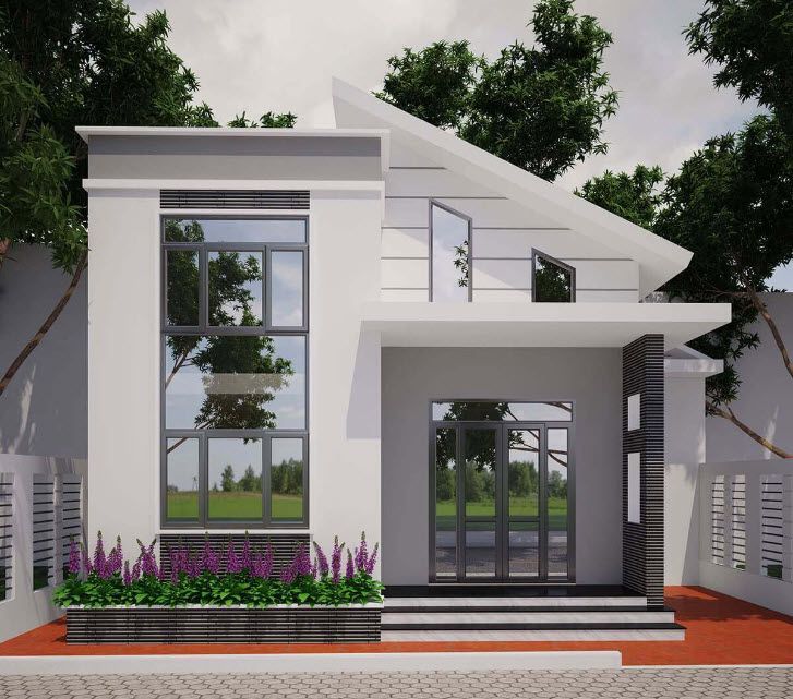 Mẫu nhà đẹp 1 tầng với thiết kế mái lệch ấn tượng và hệ cửa kính mặt tiền đón sáng tự nhiên và giúp mở rộng tầm nhìn.