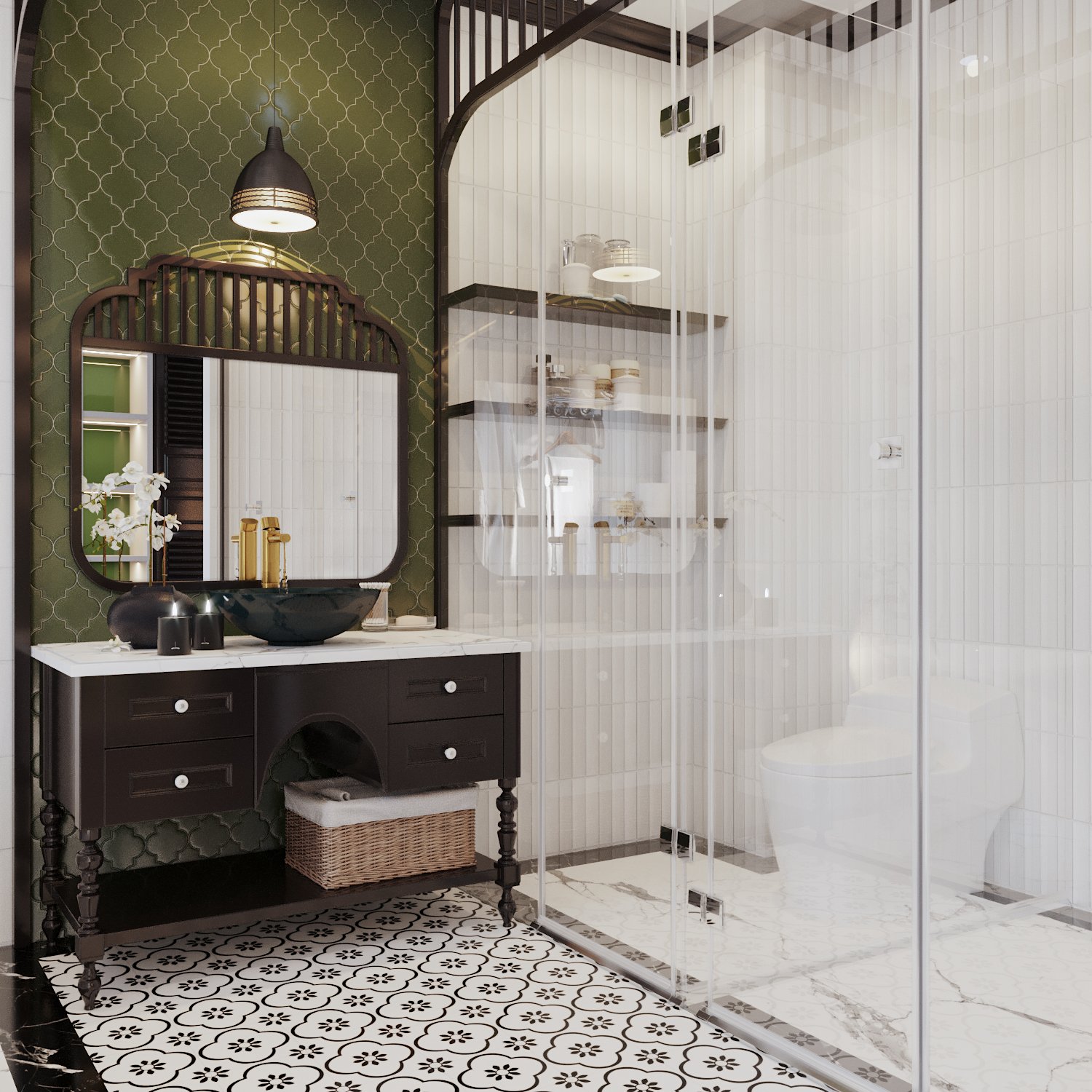 hình ảnh cận cảnh Mảng tường decor màu xanh lá nhẹ nhàng, khung gương cổ điển tạo điểm nhấn bắt mắt.