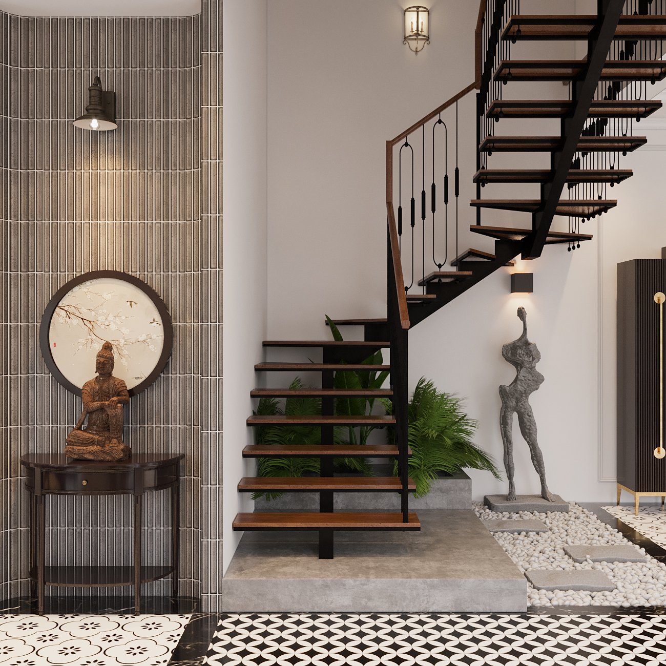 Mảng tường cạnh cầu thang được decor không kém phần ấn tượng với tượng Phật điêu khắc bằng gỗ, giấy dán tường họa tiết kẻ sọc.