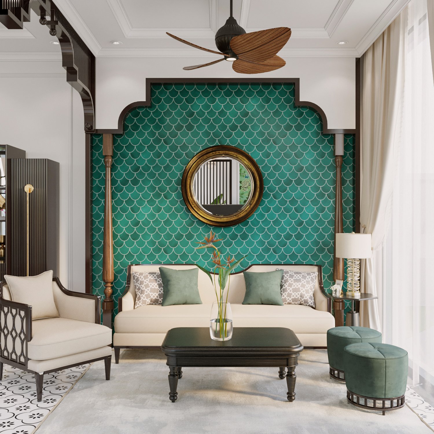 Phòng khách biệt thự được bài trí cân xứng, hài hòa. phòng khách với sofa màu trắng, tường vảy cá màu xanh ngọc, quạt trần cổ điển