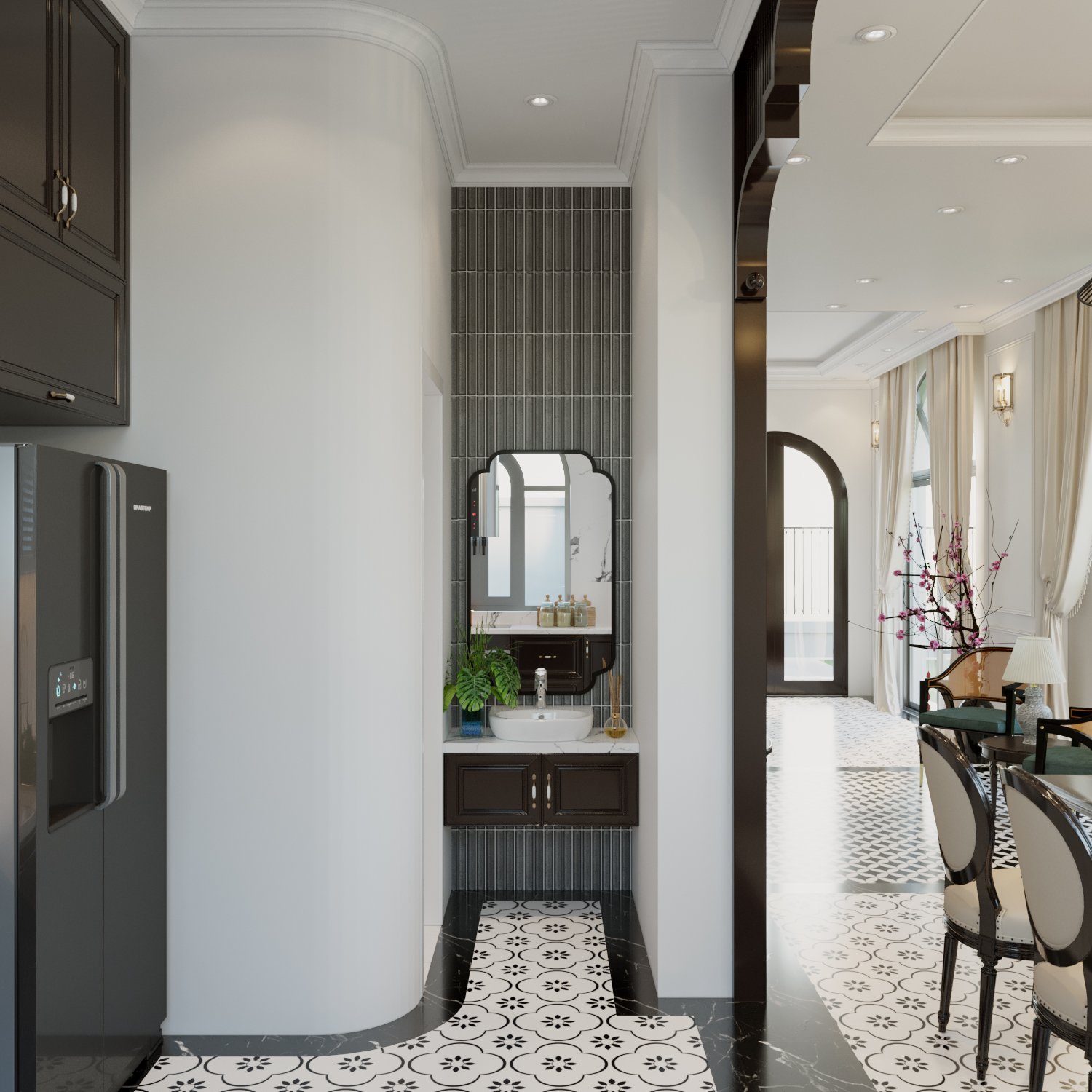 Bồn rửa tay được bố trí khéo léo giữa phòng ăn và bếp nấu, thuận tiện cho cả gia chủ lẫn khách quan ghé thăm nhà.