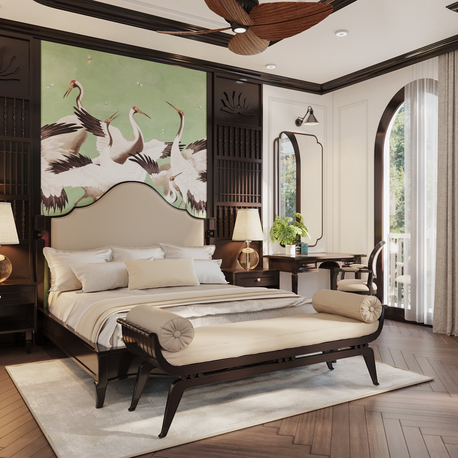 Phòng ngủ đậm chất Đông Dương với tranh tường trang trí đầu giường. Bàn phấn cạnh cửa kính có thể kiêm chức năng bàn làm việc khi cần.