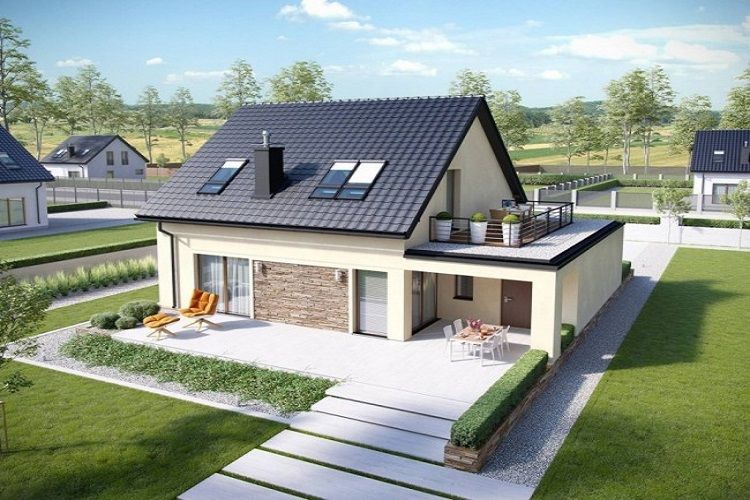 hình ảnh một ngôi nhà cấp 4 hiện đại, mái ngói màu xanh lam, ban công rộng rãi làm sân chơi