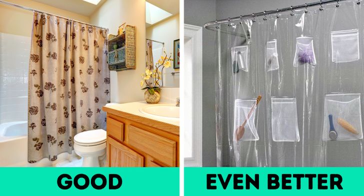 Rèm phòng tắm tích hợp thêm túi đựng tiện dụng, giúp tiết kiệm diện tích hiệu quả.