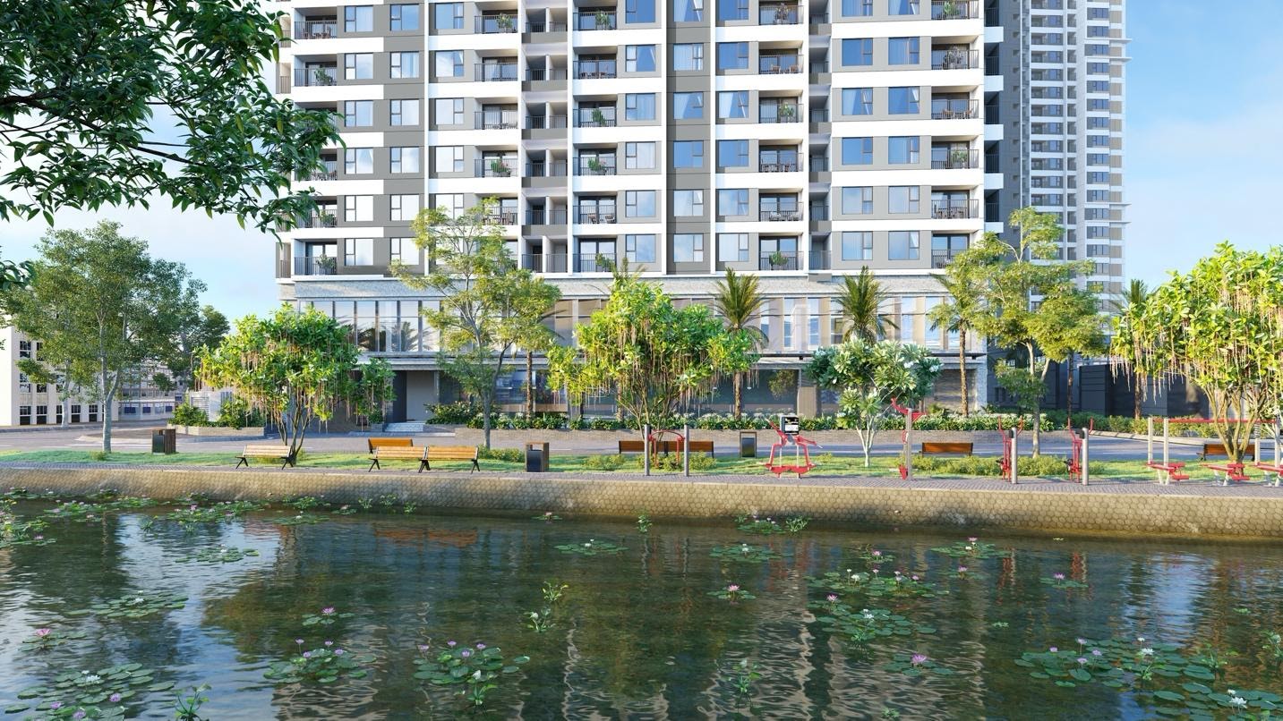 Phối cảnh kh&ocirc;ng gian mặt nước ph&iacute;a trước dự &aacute;n The Rivana