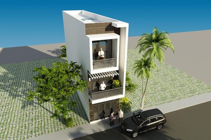 Phối cảnh 3D mẫu nh&agrave; ống 3 tầng phong c&aacute;ch hiện đại
