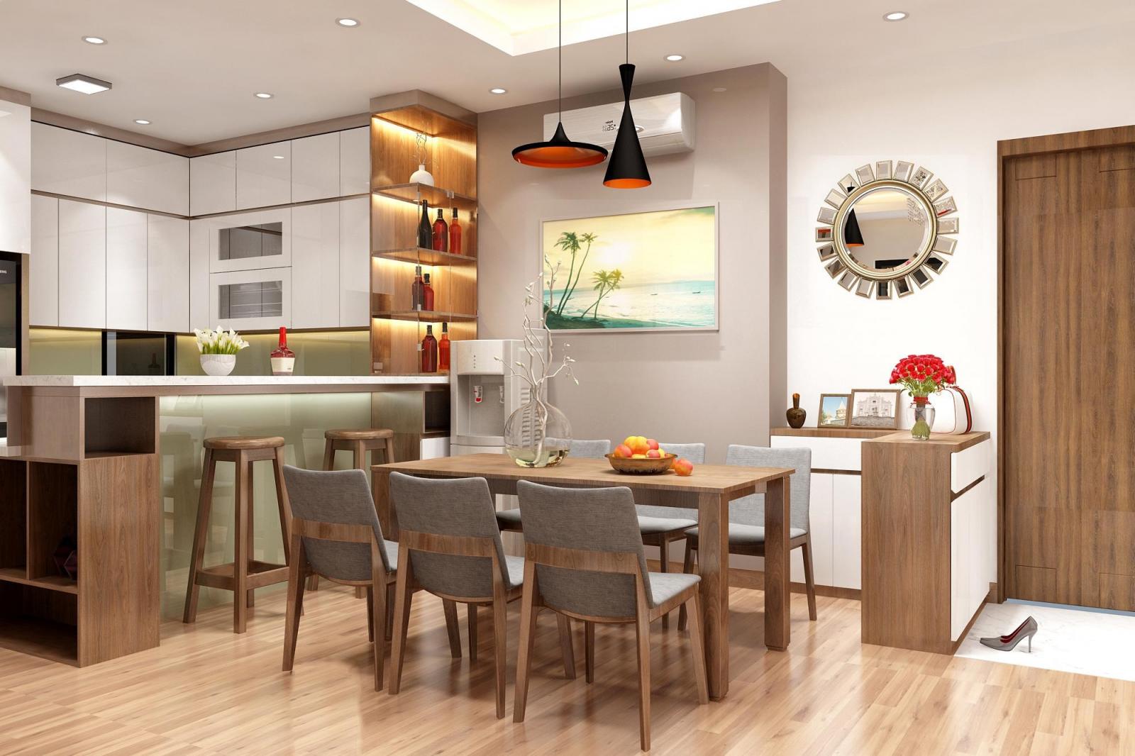 Khu bếp nấu và phòng ăn được phân tách tương đối bởi quầy bar mini gọn xinh. Đèn LED tủ rượu tạo điểm nhấn hút mắt cho không gian này.