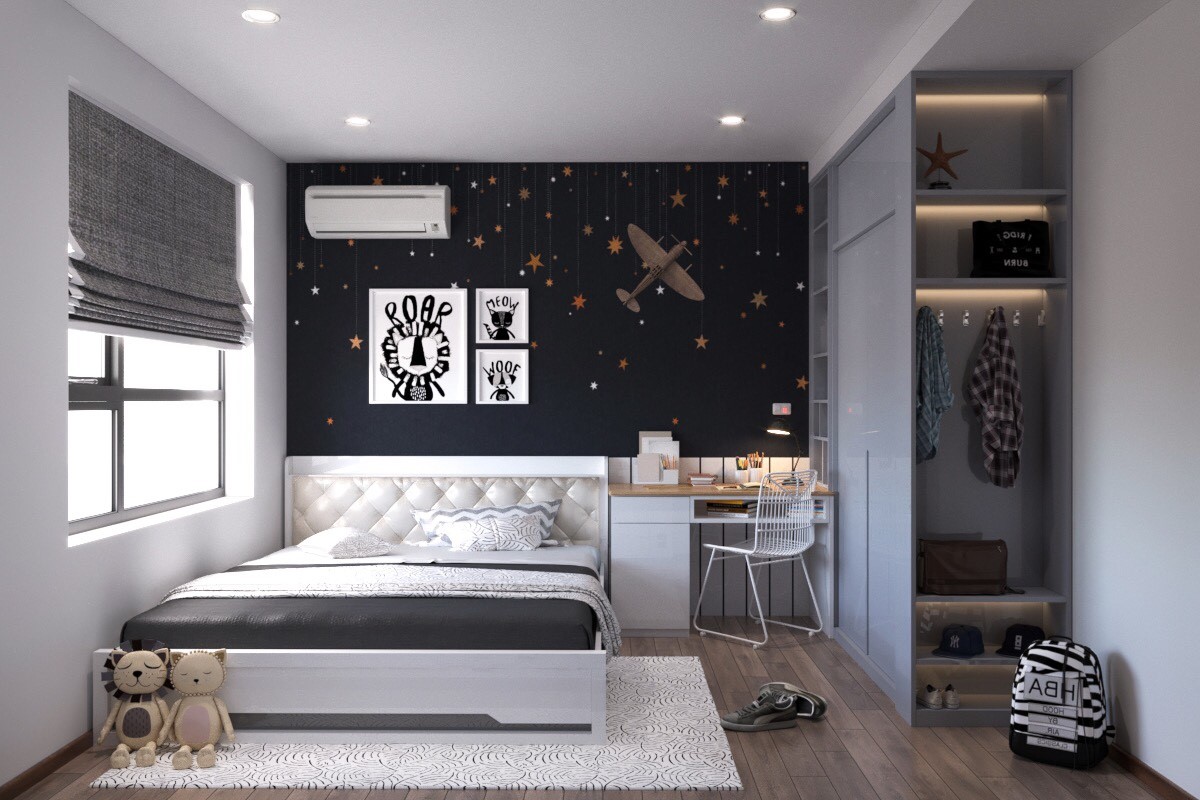 Mẫu thiết kế phòng ngủ con trai cá tính với bức tường đầu giường được decor ấn tượng. Khung cửa kính lấy sáng tự nhiên cho toàn bộ căn phòng.