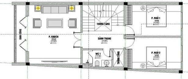 Mặt bằng bố trí nội thất tầng 2 nhà ống