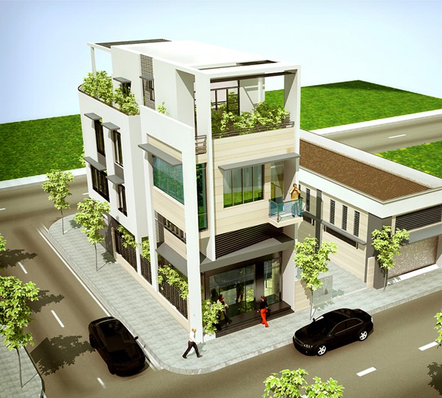 Phối cảnh 3D mẫu nhà ống 3 tầng kết hợp kinh doanh