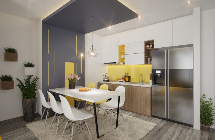 Khu bếp - ăn xinh tươi với những điểm nhấn màu vàng chanh nổi bật. Bộ bàn ăn 6 ghế kiểu dáng thanh mảnh đặt gọn gàng trên thảm trải màu trắng ngà thanh lịch.