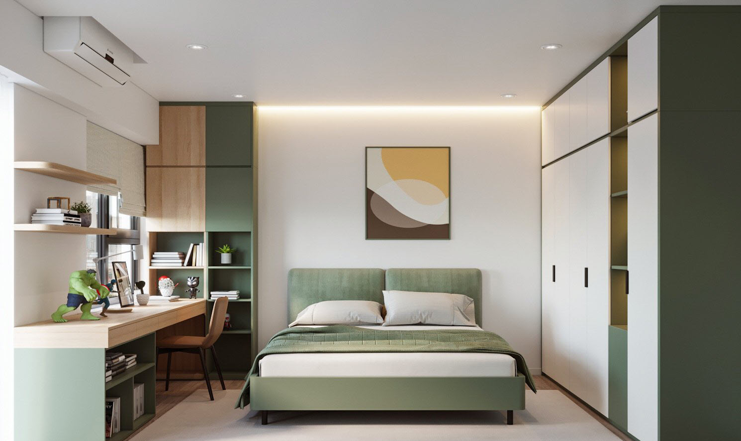 Phòng ngủ kết hợp không gian làm việc, học tập dành cho các con trong căn hộ 120m2.